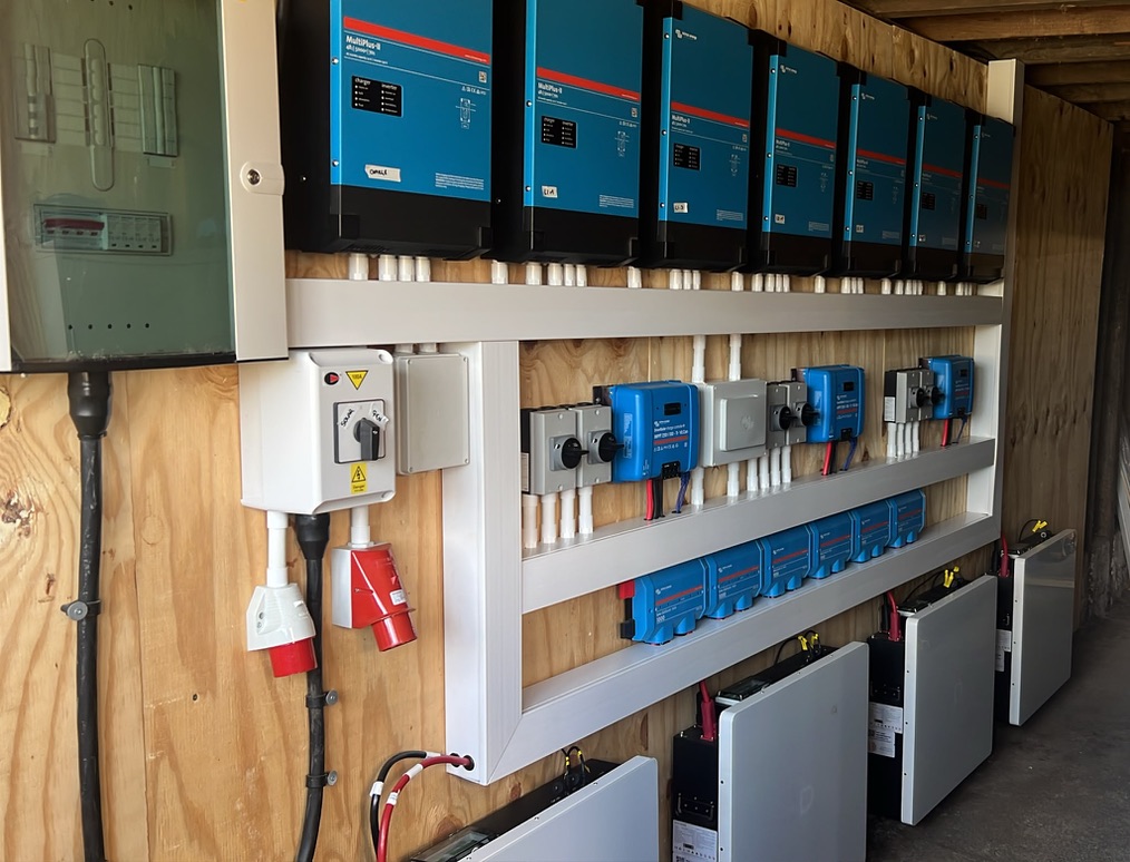 The bespoke Victron and Dyness workshop system designed by Thomas Howe, with six output inverters and a separate charging unit